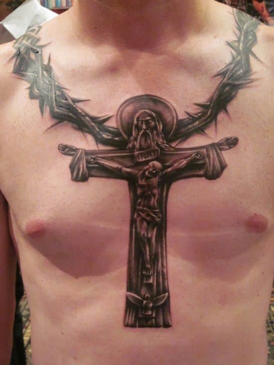 christian cross tattoo with banner