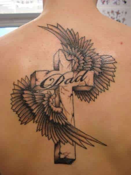 Cross and Feathered Wings Tattoo Design