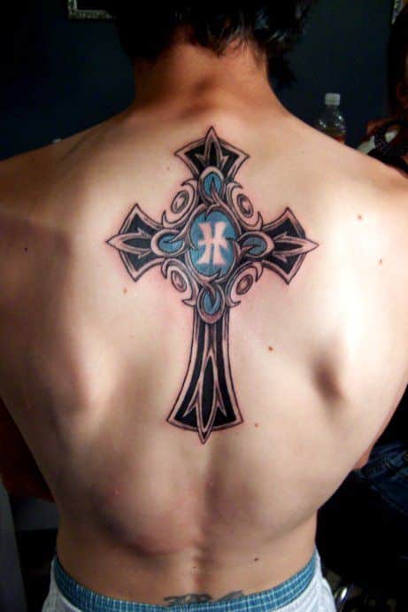 Modern and Artistic Tattoo of a Cross on Man's Back